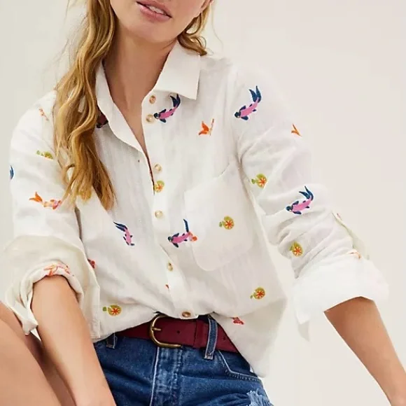 Maeve By Anthropologie 100% Cotton Embroidered Koi Button-Down Shirt - Picture 1 of 6